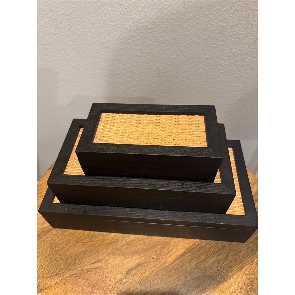 Vintage Thomas‎ O'Brien Black Wood And Woven Wicker Boxes~Decorative~Set Of 3